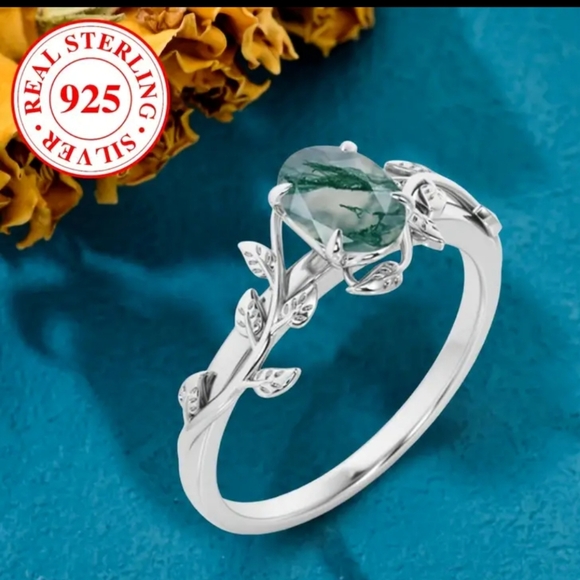 Elegant 925 Sterling Silver Ring Inlaid Green Color Moss Agate Elegant - Picture 3 of 8